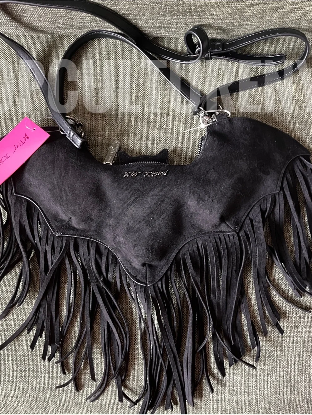 Betsey Johnson Black Suede Fringe Bat Crossbody Bag